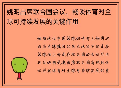 姚明出席联合国会议，畅谈体育对全球可持续发展的关键作用