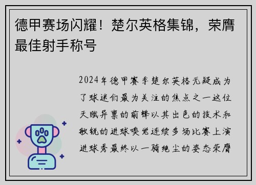 德甲赛场闪耀！楚尔英格集锦，荣膺最佳射手称号